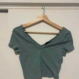 SHEIN Ribbed V-Neck Crop Top - Teal